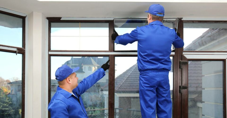 A man in a blue jumpsuit and hat points to where another man in the same attire is installing a window.