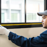 A man wearing a uniform, hat, and gloves holds yellow measuring tape against a window with black trim.