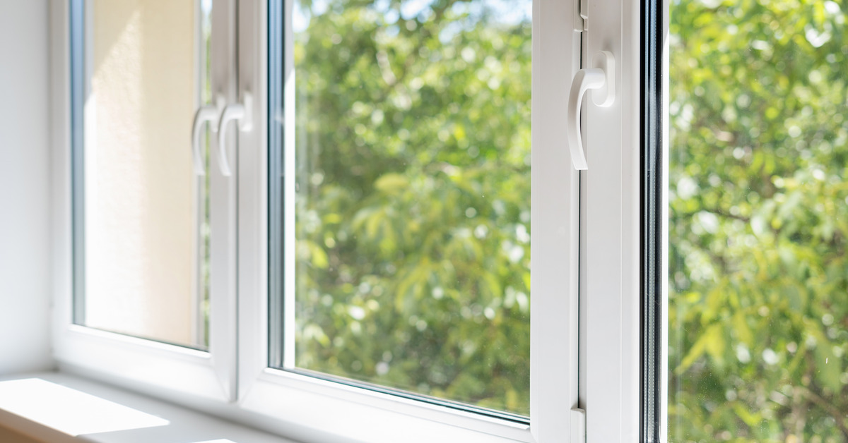 A closed window with white trim and handles. Green trees and portions of blue skies are visible through the glass.